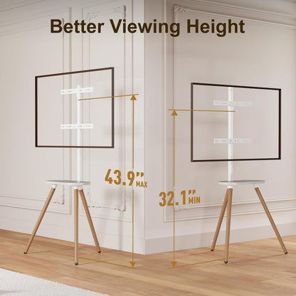 Tripod Easel TV Stand for 40 to 65 Inch LCD LED OLED Screen, Height Adjustable and Swievel Floor TV Stand, Corner TV Stand with Wooden Tray, VESA 400X400Mm, Minimalist White-2