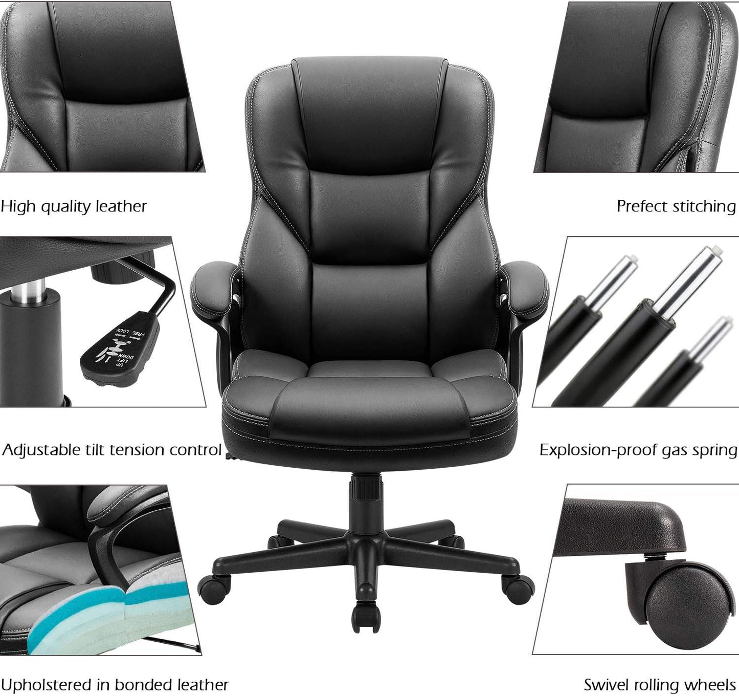 Office Executive Chair High Back Adjustable Managerial Home Desk Chair, Swivel Computer PU Leather Chair with Lumbar Support (Black)-3