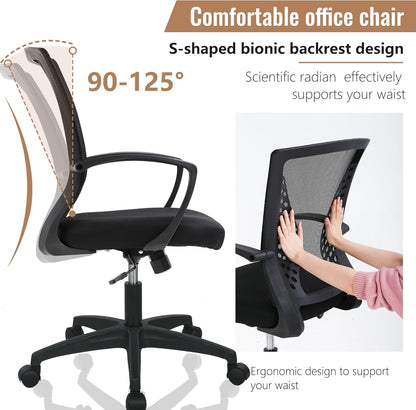 Home Office Chair Mid Back PC Swivel Lumbar Support Adjustable Desk Task Computer Ergonomic Comfortable Mesh Chair with Armrest (Black)-1