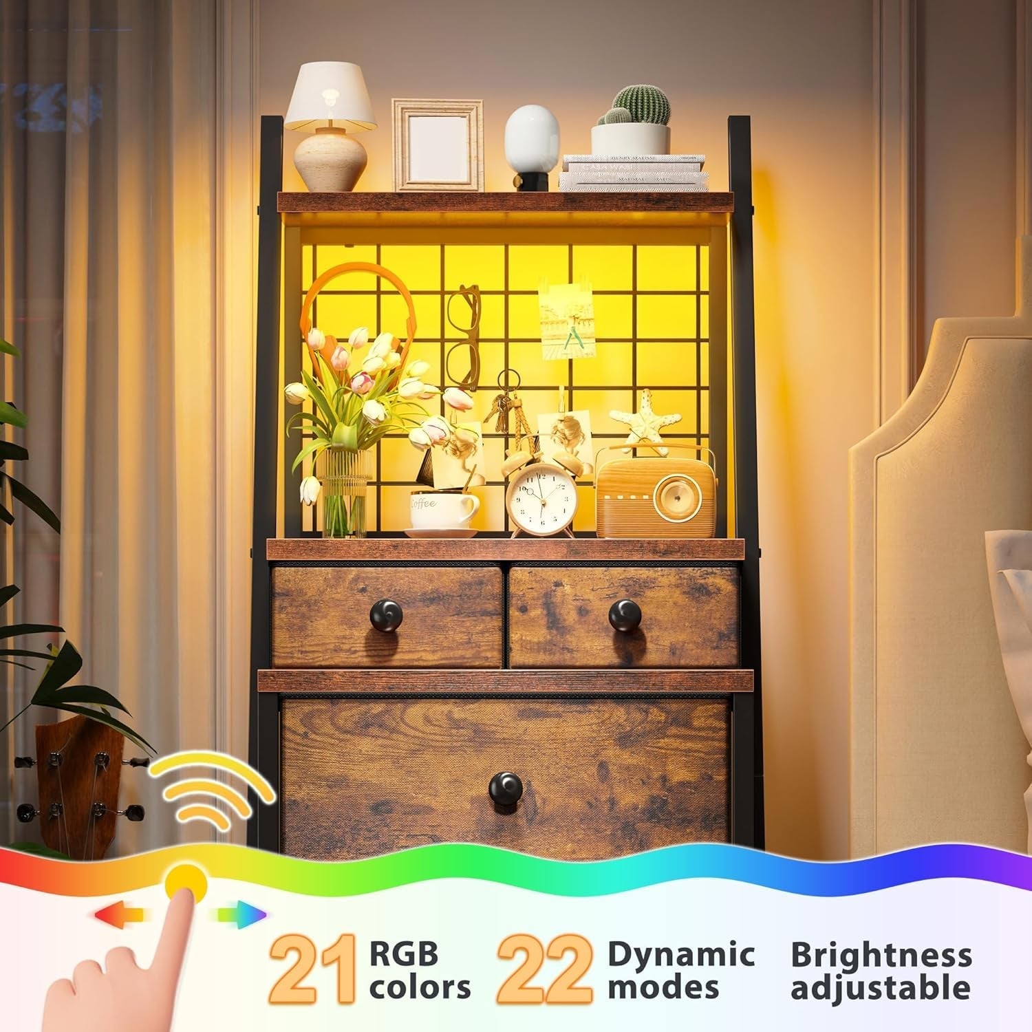 Vertical Dresser for Bedroom 6-Drawer LED Dressers & Chest of Drawers Sturdy Bedroom Dressers with Grid for Living Room,Closet,Entryway,Dorm,Rustic Brown-3