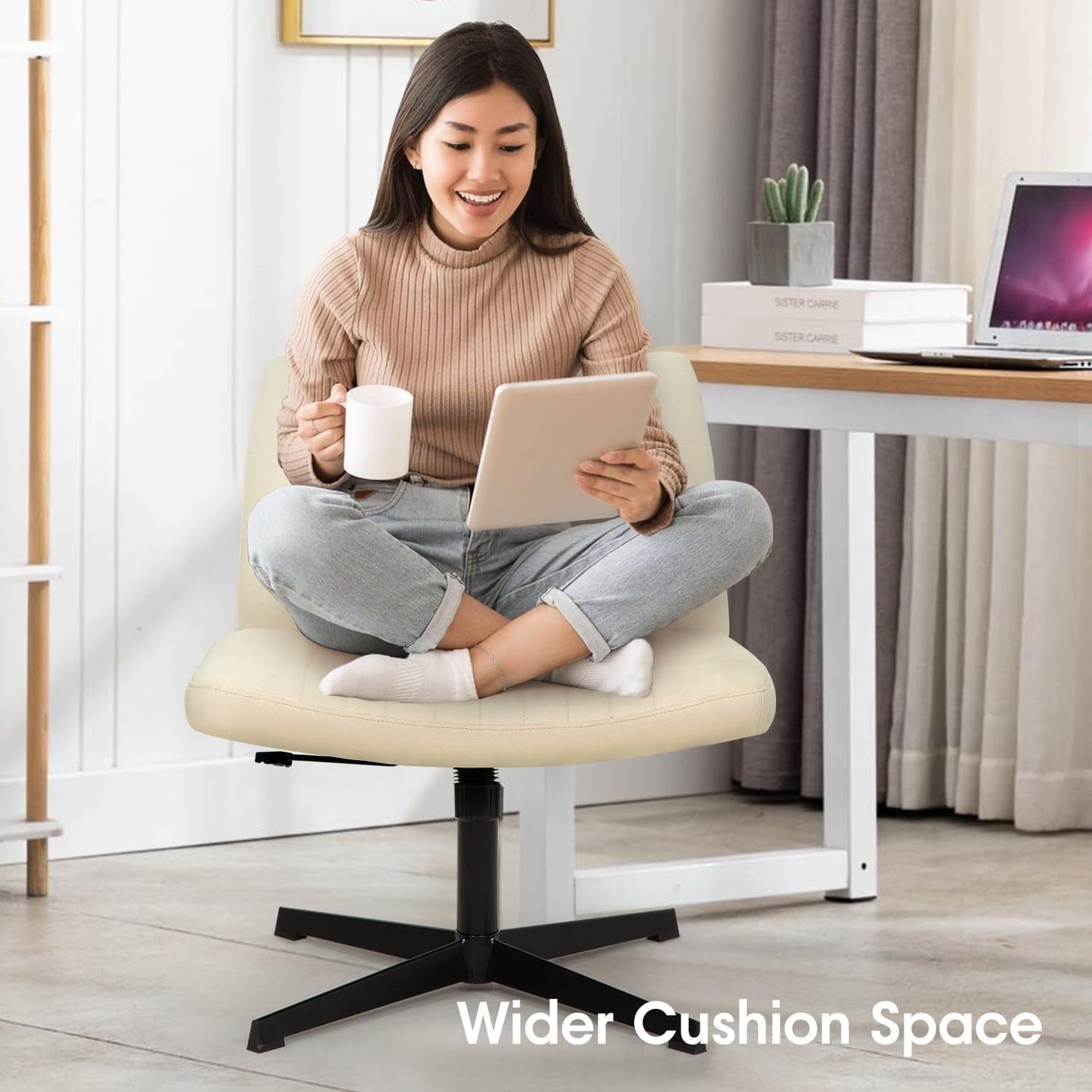 Criss Cross Chair,Armless Cross Legged Office Chair,Wide Comfty Desk Chair with No Wheels Modern Height Adjustable,Swivel Fabric Vanity Chair Computer Task Chair (Pack of 1, Beige)-1