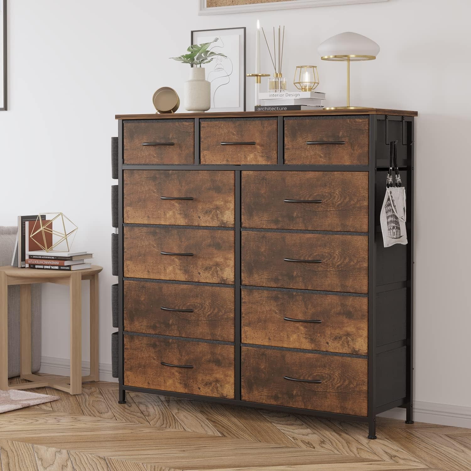 Dresser for Bedroom with 11 Drawer, Dressers & Chests of Drawers with Side Pockets, Hooks, Fabric Storage Drawer, Steel Frame, Wood Top, Organizer Unit and Pull Handle for Closet.-3