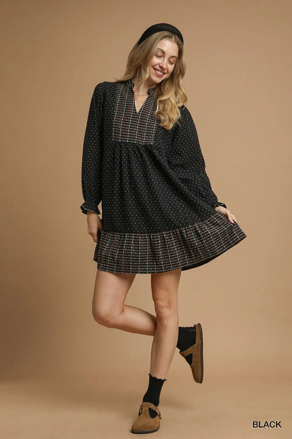 Umgee Polka Dot Plaid Trim Babydoll Dress