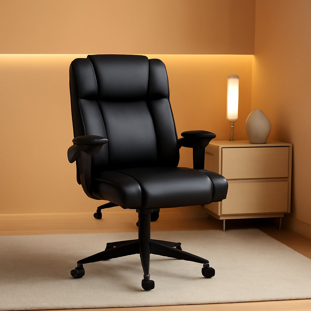 Black Leather Office Chair, Flip-Up Arms, Lumbar, Wheels-0