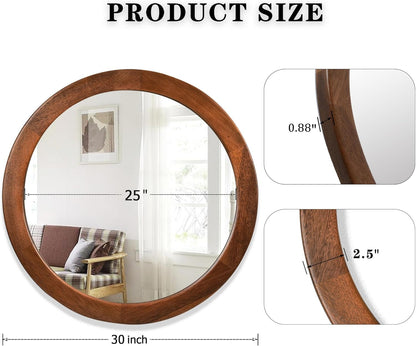 30" Walnut Wood Round Wall Mirror: Rustic Style-4