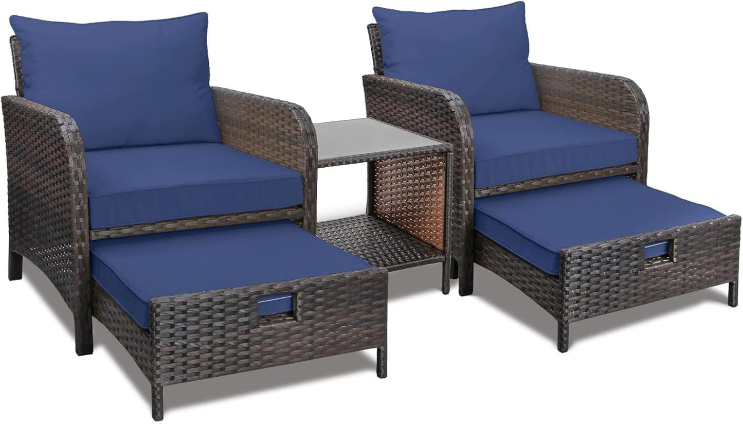 Balcony Furniture 5 Piece Patio Conversation Set, PE Wicker Rattan Outdoor Lounge Chairs with Soft Cushions 2 Ottoman&Glass Table for Porch, Lawn-Brown Wicker-0