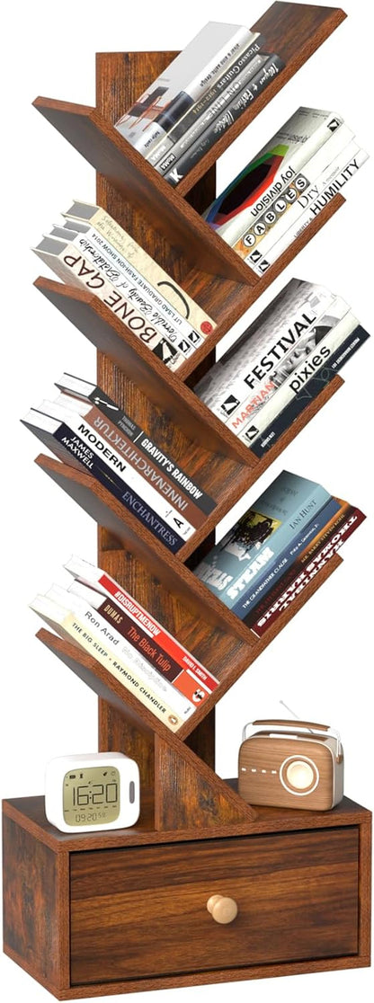 8 Tier Tree Bookshelf with Drawer, Free Standing Wood Bookcase for Narrow Space, Storage Organizer Bookshelves for Books, Book Case for Home Office, Living Room, Bedroom, Rustic Brown-0