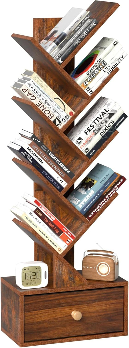8 Tier Tree Bookshelf with Drawer, Free Standing Wood Bookcase for Narrow Space, Storage Organizer Bookshelves for Books, Book Case for Home Office, Living Room, Bedroom, Rustic Brown-0
