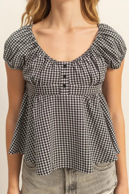 HYFVE Gingham Scoop Neck Cap Sleeve Blouse