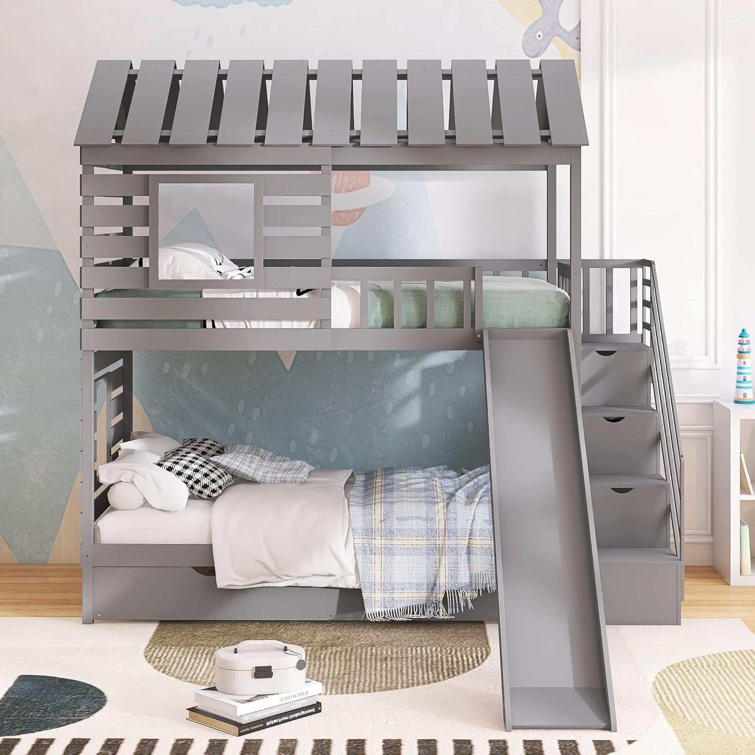 Twin over Twin House Bunk Bed, Wooden Bed Frame with Trundle and Slide, Storage Staircase, Roof and Window Design, Gray-2