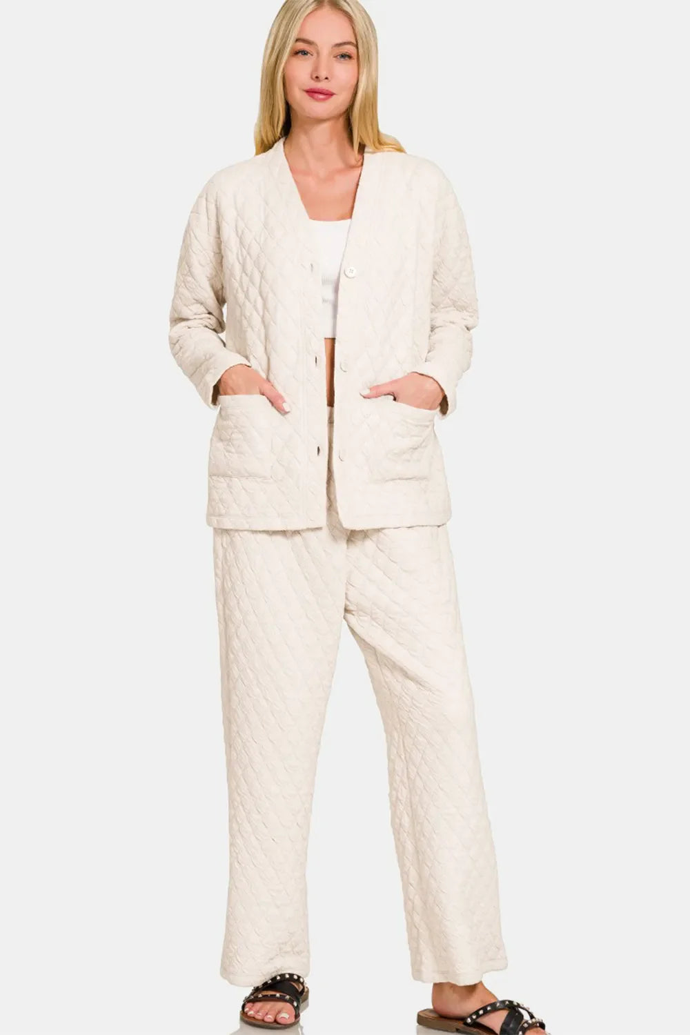 Zenana Quilted Button Up Long Sleeve Top and Pants Lounge Set