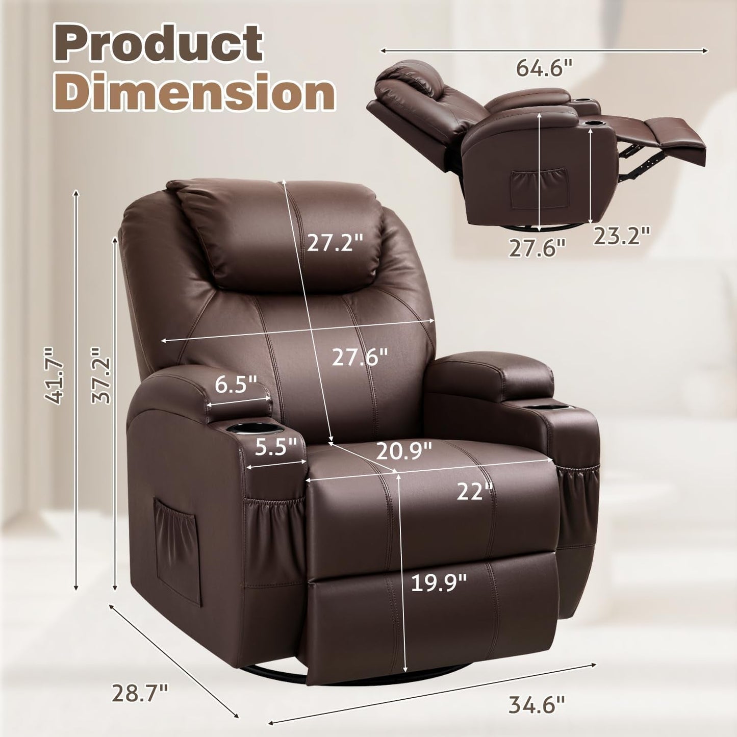 Recliner Chair, 360° Swivel Rocker Chair for Adults, Rocking Recliner Chair with Massage, Comfy Single Sofa with Side Pockets Cup Holders for Living Room, Bedroom, Nursery (Leather, Dark Brown)-1