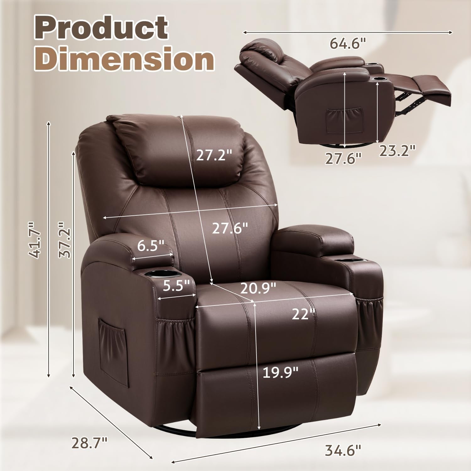 Recliner Chair, 360° Swivel Rocker Chair for Adults, Rocking Recliner Chair with Massage, Comfy Single Sofa with Side Pockets Cup Holders for Living Room, Bedroom, Nursery (Leather, Dark Brown)-1