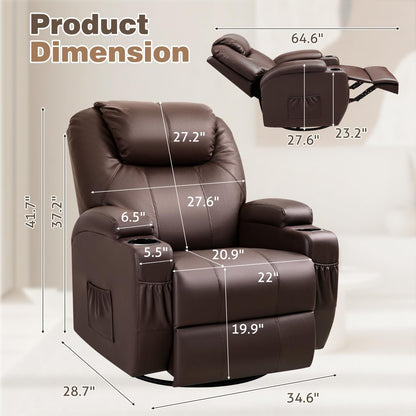 Recliner Chair, 360° Swivel Rocker Chair for Adults, Rocking Recliner Chair with Massage, Comfy Single Sofa with Side Pockets Cup Holders for Living Room, Bedroom, Nursery (Leather, Dark Brown)-1