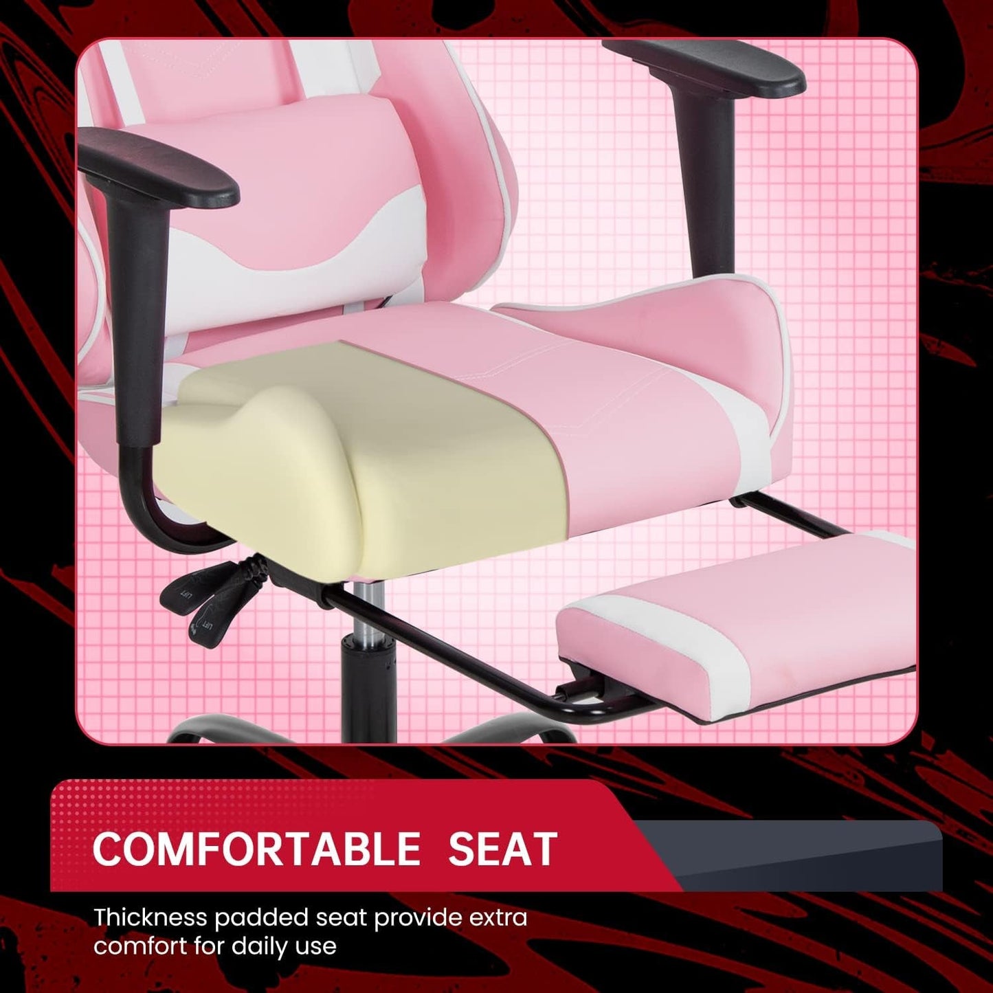 PC Gaming Chair Desk Chair Ergonomic Office Chair Executive High Back PU Leather Racing Computer Chair with Lumbar Support Footrest Modern Task Rolling Swivel Chair for Women Men Girls Adults, Pink-4