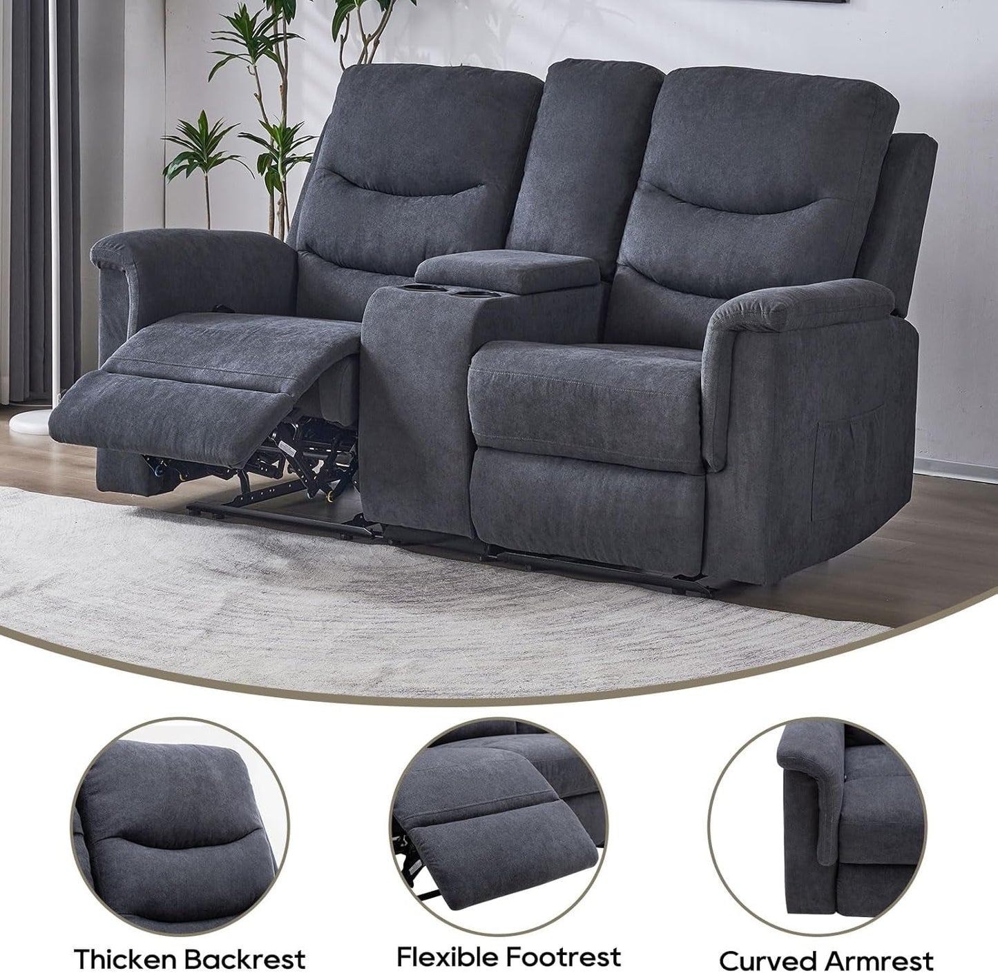 2 Pieces Recliner Sofa Set, Manual Sofa Set for Living Room Furniture Set, Recliner Sofa and Loveseat Sets, Reclining Loveseat with Console & Cup Houlders for Living Room-4