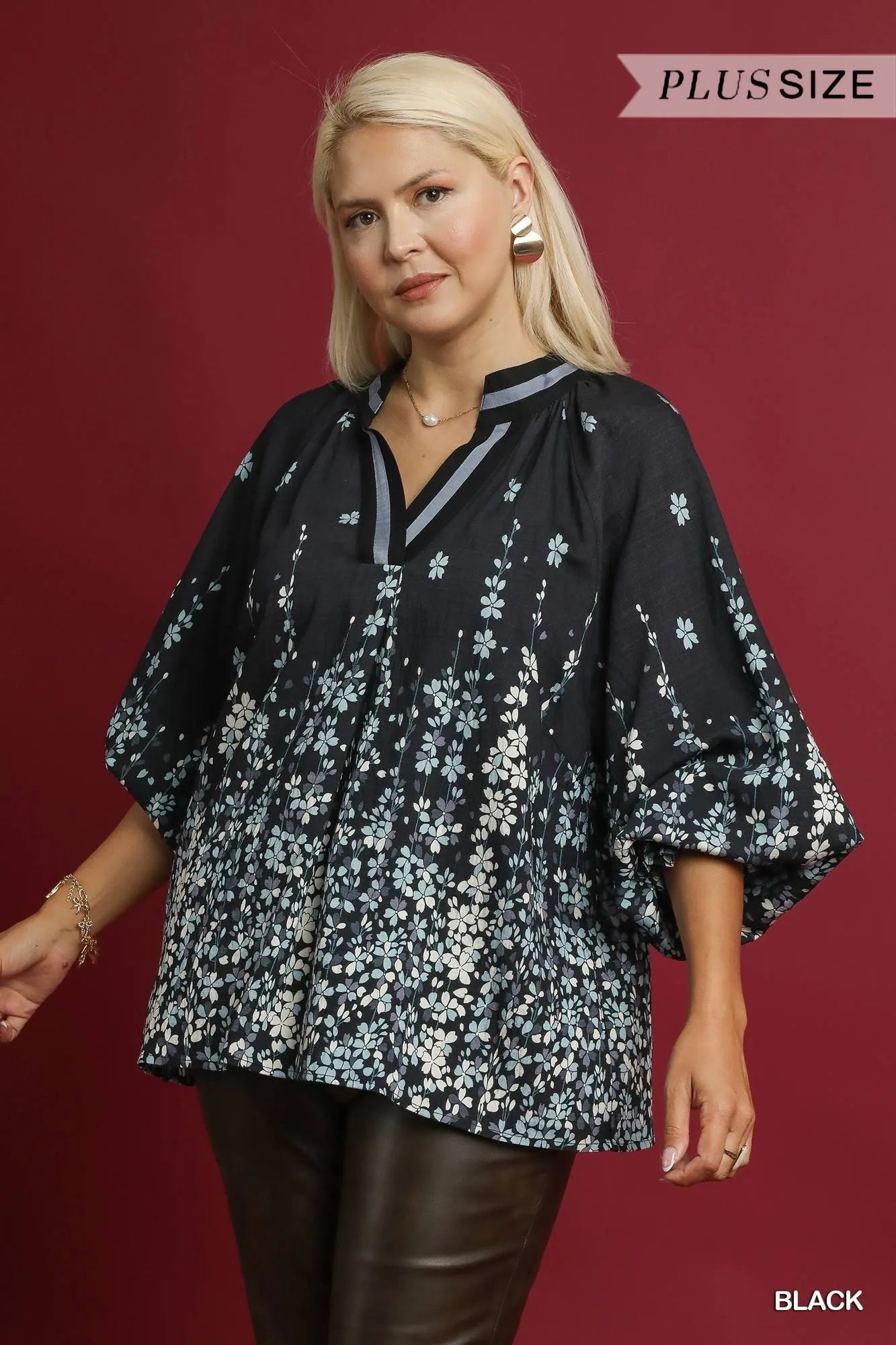 Umgee Full Size Floral Vine Print Blouse with Balloon Sleeves Plus Size