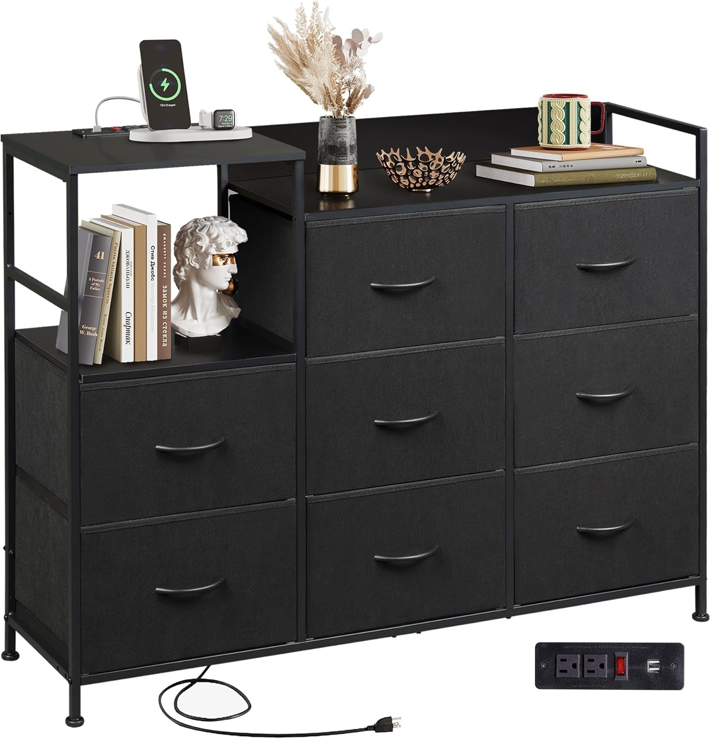 Black Dresser TV Stand for Bedroom with Charging Station and Open Shelves, Fabric Dresser with 8 Drawers and Wood Top, Wide Storage Chest of Drawers for Living Room, Hallway-0