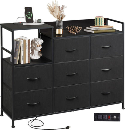 Black Dresser TV Stand for Bedroom with Charging Station and Open Shelves, Fabric Dresser with 8 Drawers and Wood Top, Wide Storage Chest of Drawers for Living Room, Hallway-0