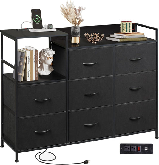 Black Dresser TV Stand for Bedroom with Charging Station and Open Shelves, Fabric Dresser with 8 Drawers and Wood Top, Wide Storage Chest of Drawers for Living Room, Hallway-0