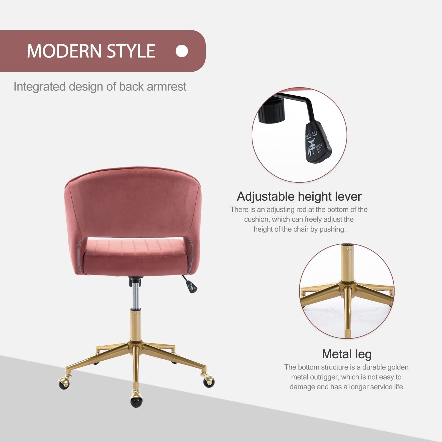 Velvet Office Desk Chair, Upholstered Home Office Desk Chairs with Adjustable Swivel Wheels, Ergonomic Office Chair for Living Room, Bedroom, Office, Vanity Study (Rose)-4