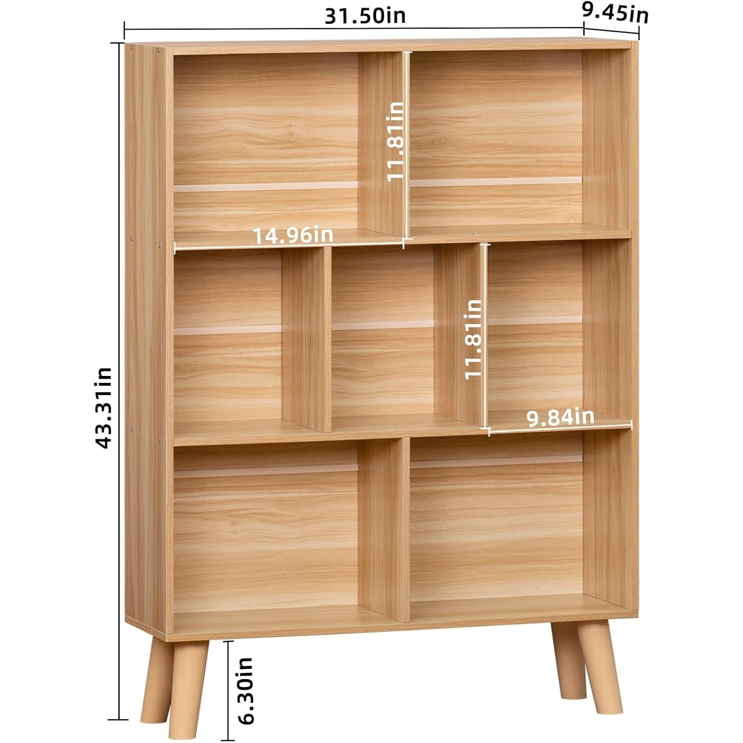 Wooden 7 Cube Book Shelf, Natural 3 Tier Bookshelf with Legs, Modern Open Storage Organizer,Boho Bookcase,Display Cabinet Shelf Free Standing Bookshelves for Bedroom,Living Room,Office-1