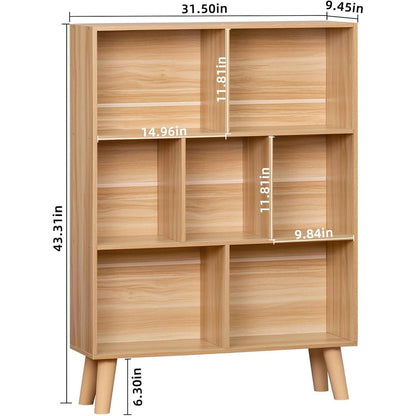 Wooden 7 Cube Book Shelf, Natural 3 Tier Bookshelf with Legs, Modern Open Storage Organizer,Boho Bookcase,Display Cabinet Shelf Free Standing Bookshelves for Bedroom,Living Room,Office-1