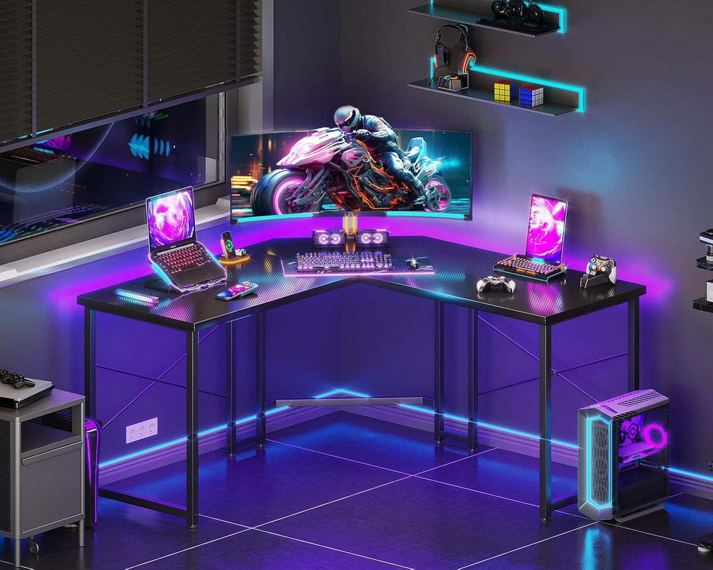 L Shaped Gaming Desk, Corner Desk Gaming Table for Home Office, Computer Desk Sturdy Writing Workstation for Small Space, Easy to Assemble, 51 Inch, Carbon Fiber Surface, Black-1