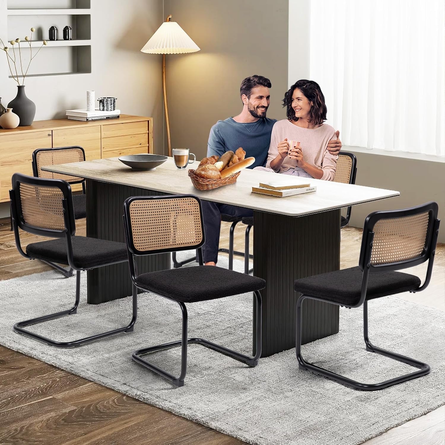 Modern Cesca Cane Dining Chairs, Set of 2, Handwoven Rattan Cane Back, Chrome Base, Upholstered Boucle Seat, Ideal for Kitchen or Dining Room, Black-1