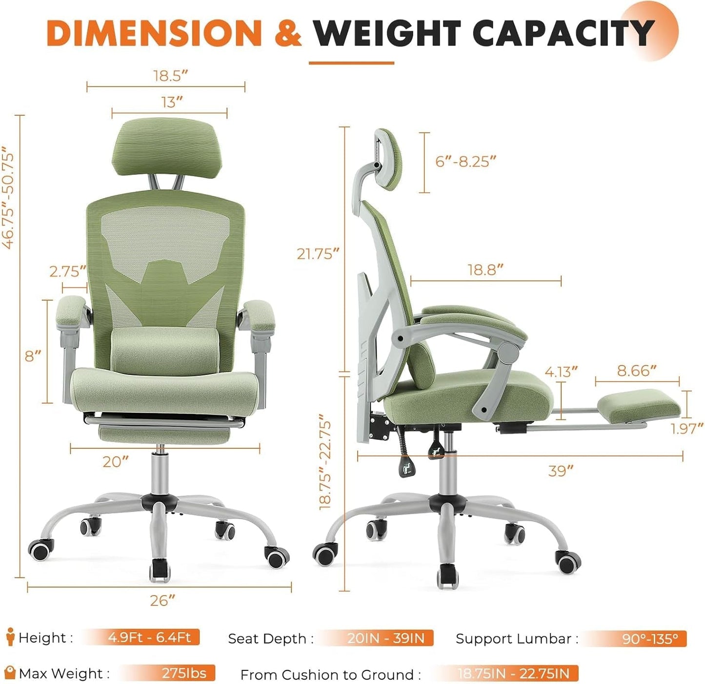 Office Computer Desk Chair, Ergonomic High-Back Mesh Rolling Work Swivel Chairs with Wheels, Comfortable Lumbar Support, Comfy Arms for Home, Bedroom, Study, Student, Green-1