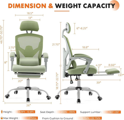 Office Computer Desk Chair, Ergonomic High-Back Mesh Rolling Work Swivel Chairs with Wheels, Comfortable Lumbar Support, Comfy Arms for Home, Bedroom, Study, Student, Green-1