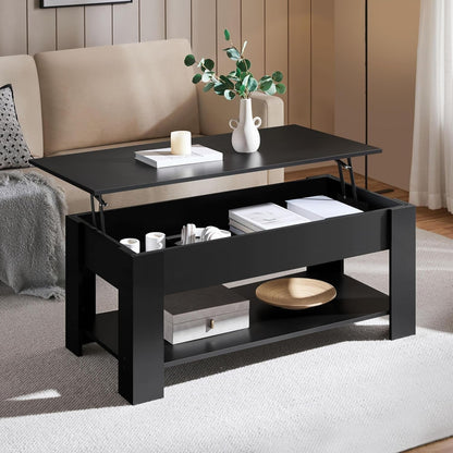 Lift Top Coffee Table with Hidden Compartment and Storage Shelf, Rising Tabletop Dining Table for Living Room Reception Room, 47.5In L, Black-1