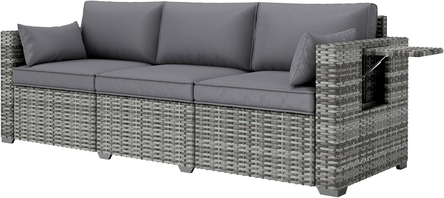 Three Seater Wicker Sofa with Side Tray Tables-0