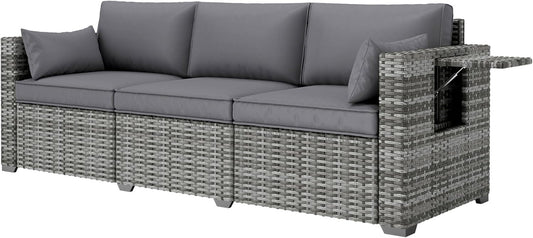 Three Seater Wicker Sofa with Side Tray Tables-0