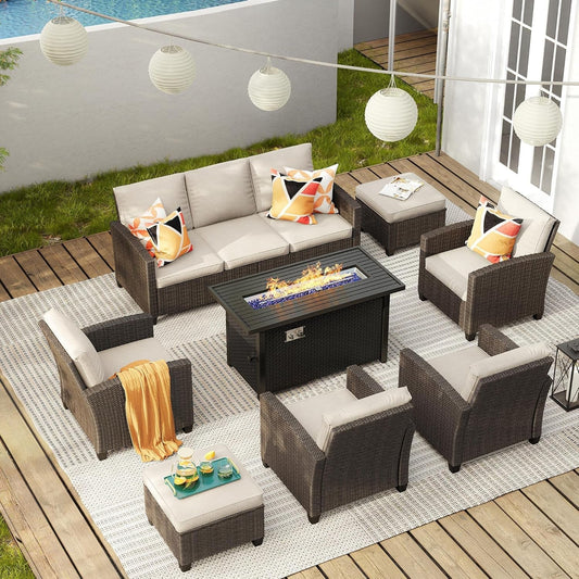 8 Piece Patio Furniture Set with Firepit and Cushions-0