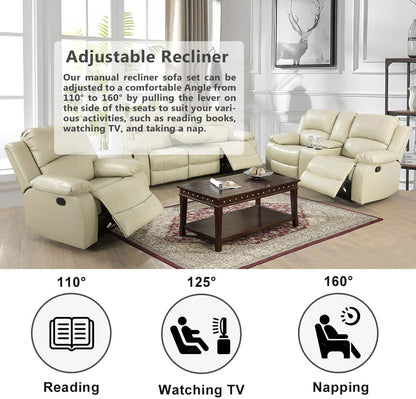 Manual Reclining Sofa Modern Recliner Sofa Couch 3 Seater Leather Reclining Sofa Living Room Furniture Couch with Cup Holders & Flip-Down Table for Home/Office/Rv Car (Beige, 3 Seater Sofa)-3