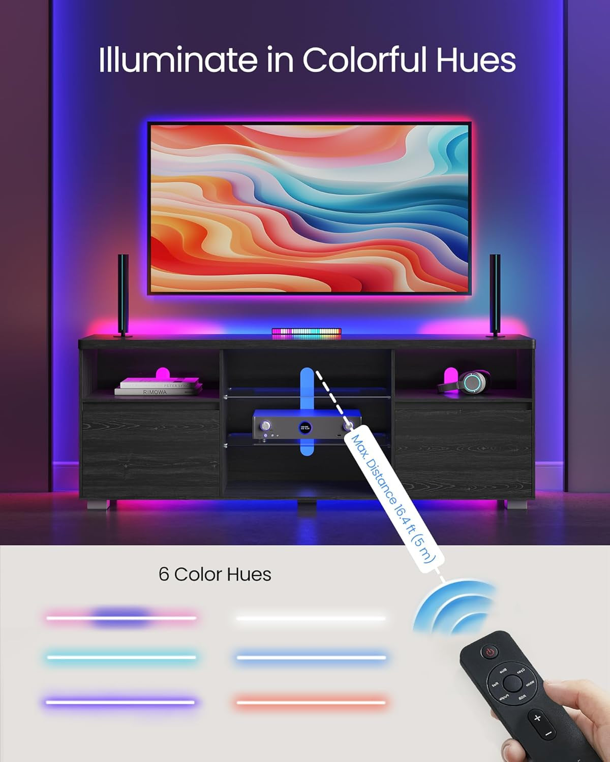 TV Stand with LED Lights for Tvs up to 70 Inch, Entertainment Center with Open Glass Shelves, 2 Cabinets with Doors, 63-Inch Long, TV Console for Bedroom Living Room, Black ULTV330T21-2