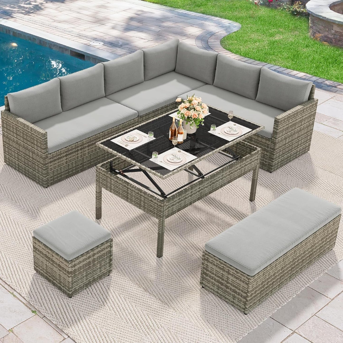 L-Shaped Outdoor Sectional Sofa Set with Adjustable Lift-Top Dining Table, All-Weather Wicker Patio Furniture, Ottoman & Tempered Glass Top, Gray Gradient-0