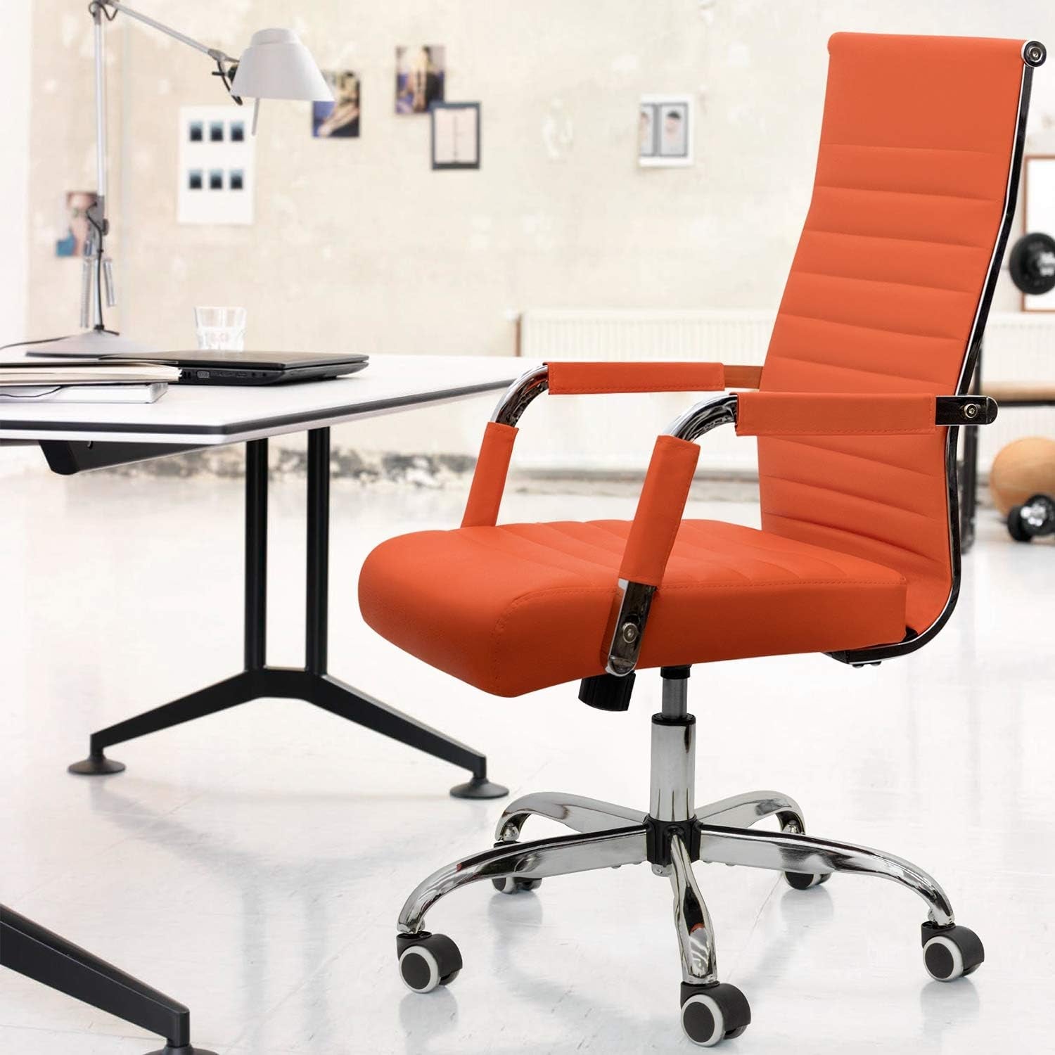 Ribbed Office Desk Chair Mid-Back Leather Executive Conference Task Chair Adjustable Swivel Chair with Arms (Orange)-1