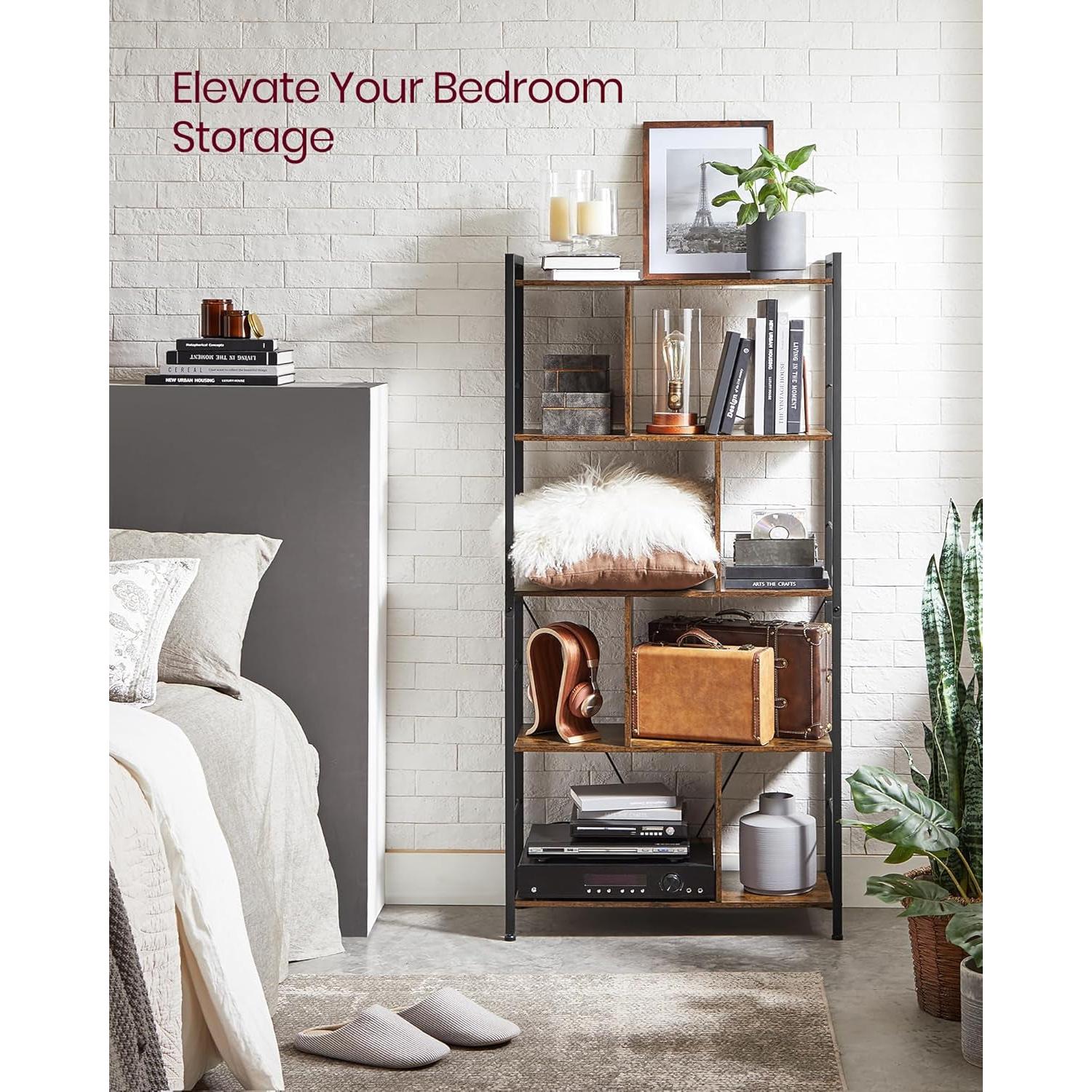 Bookshelf, 5-Tier Bookcase, Storage Shelving Unit, Display Shelf with Open Compartments for Living Room, Home Office, Bedroom, Industrial, Rustic Brown and Black ULBC121B01-4