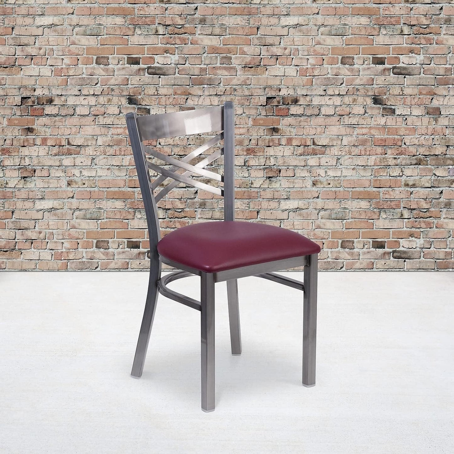 2 Pk. HERCULES Series Clear Coated ''X'' Back Metal Restaurant Chair - Burgundy Vinyl Seat-1