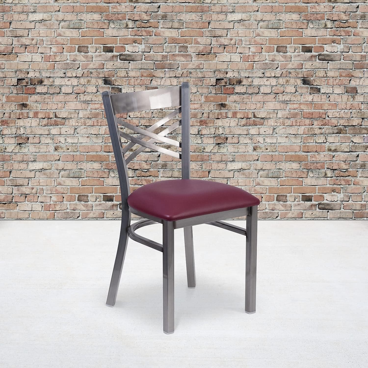 2 Pk. HERCULES Series Clear Coated ''X'' Back Metal Restaurant Chair - Burgundy Vinyl Seat-1