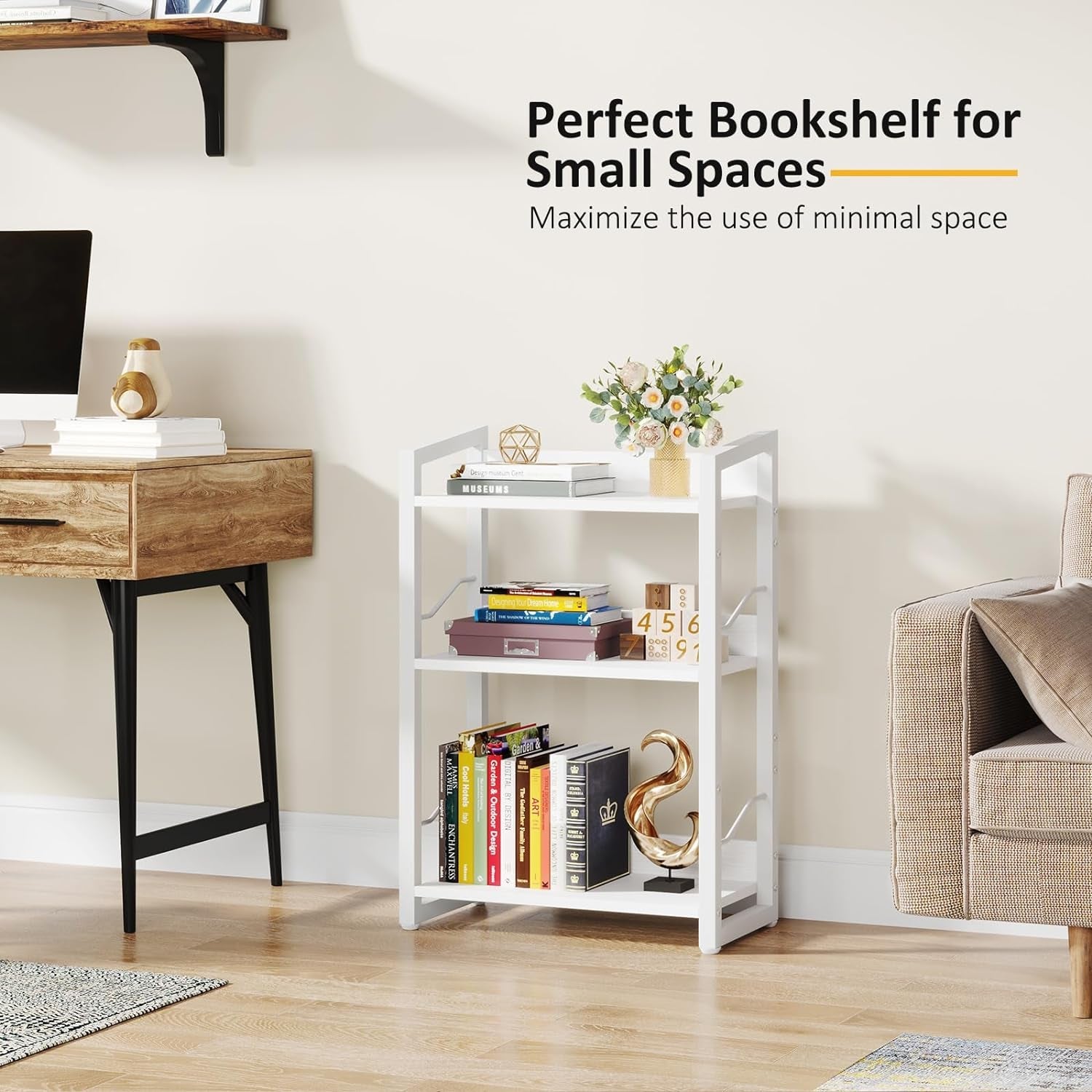 Book Shelf Small Bookshelf - 3-Tier Wood Bookcase Industrial Bookshelf Metal Narrow Bookcase Storage Organizer Display Rack for Bedroom Living Room Home Office (White)-3