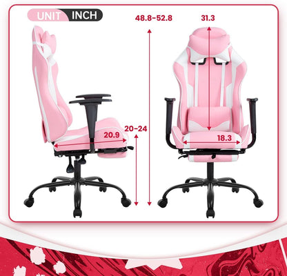 PC Gaming Chair Desk Chair Ergonomic Office Chair Executive High Back PU Leather Racing Computer Chair with Lumbar Support Footrest Modern Task Rolling Swivel Chair for Women Men Girls Adults, Pink-2