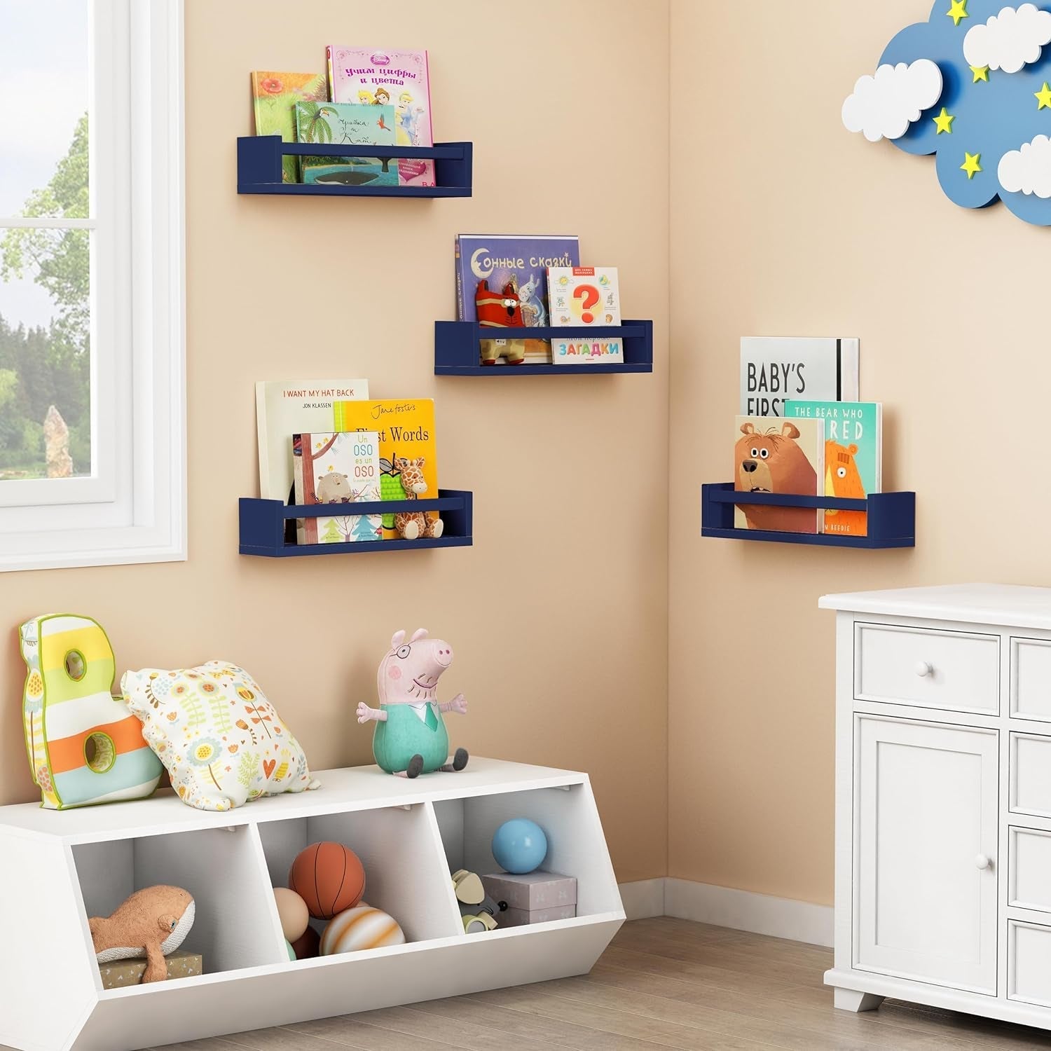 Navy Blue Floating Book Shelves for Nursery Boy, Decorative Wall Bookshelf for Kids Room, Small Wood Floating Shelves Wall Mounted for Boys Bedroom Bathroom (Set of 4, Blue)-2