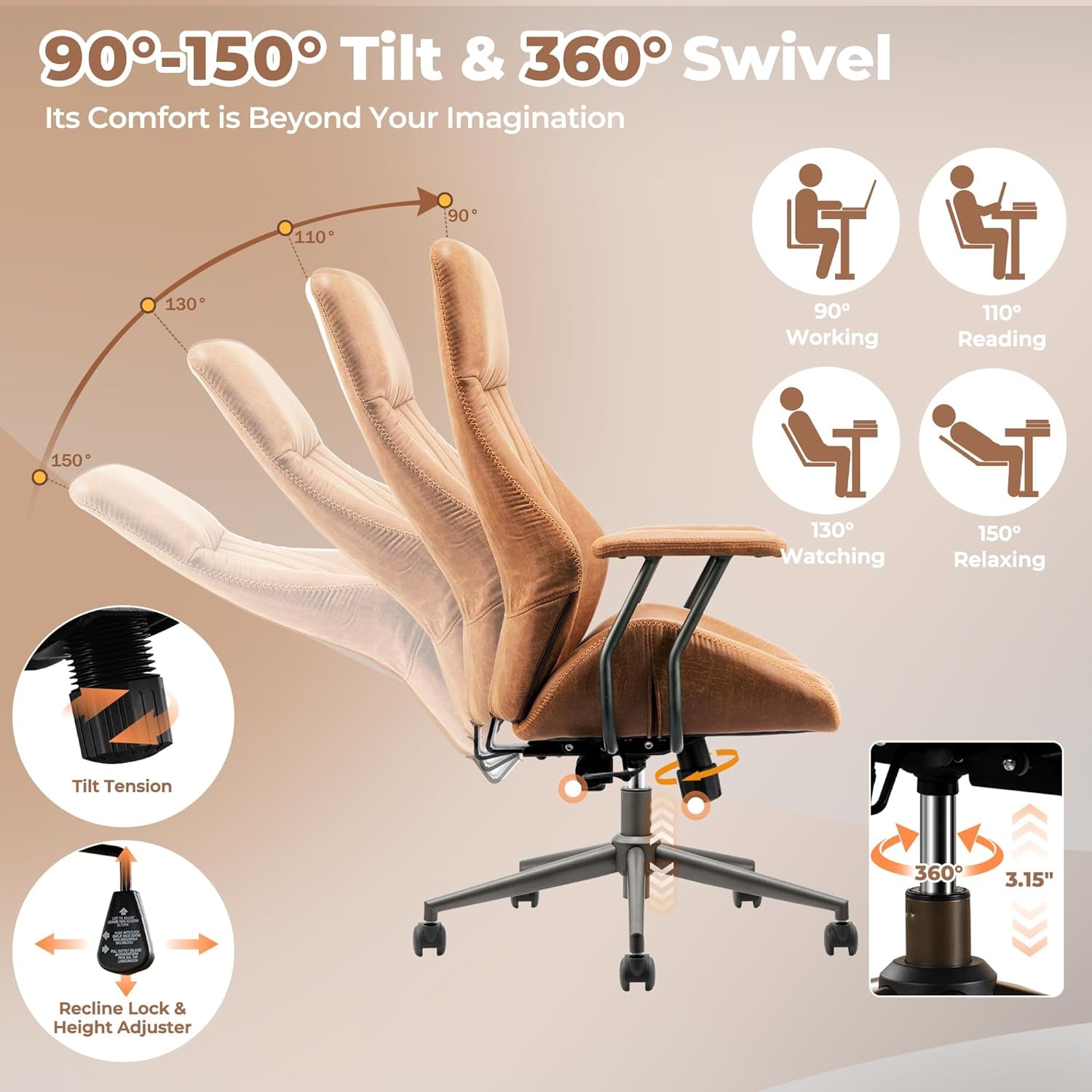 Ergonomic Home Office Chair, Mid-Century Modern Leather Chair with Lumbar Support, High Back Swivel Rolling Executive Chair, Comfy Task Computer Desk Chair (Brown, Suede Leather)-3