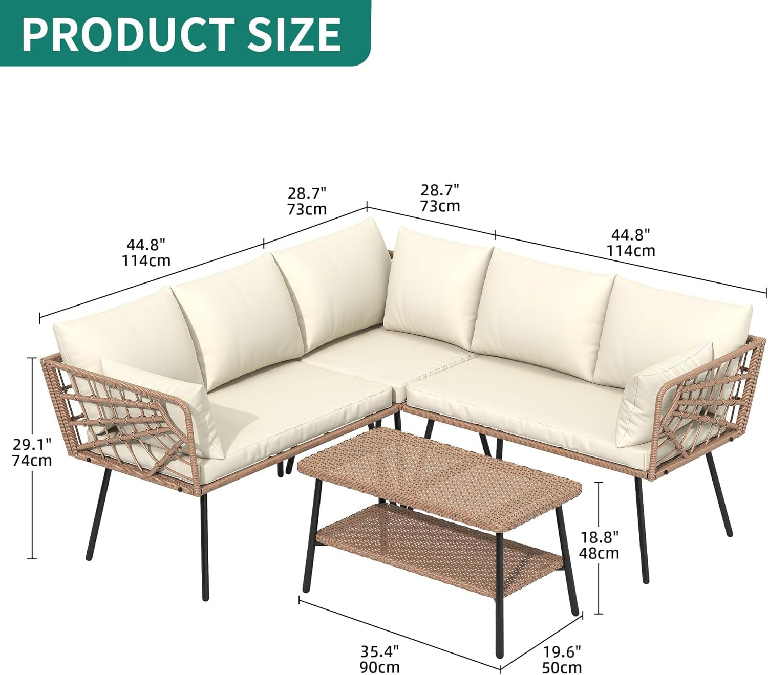 L Shape Outdoor Couch Set with Thick Cushions-2