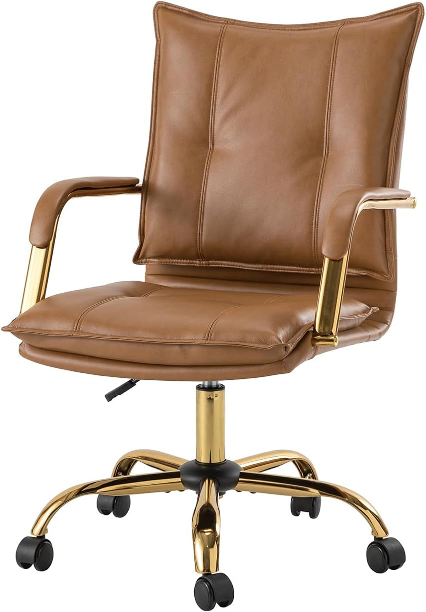 Faux Leather Home Office Desk Chair, Adjustable Swivel Computer Chair with Golden Legs and Arms, Comfy Upholstered Task Chair,Camel-2