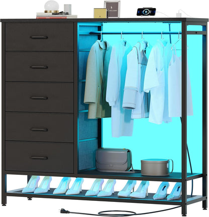 LED Dresser with Rack, Charging & 5 Drawers Black-0