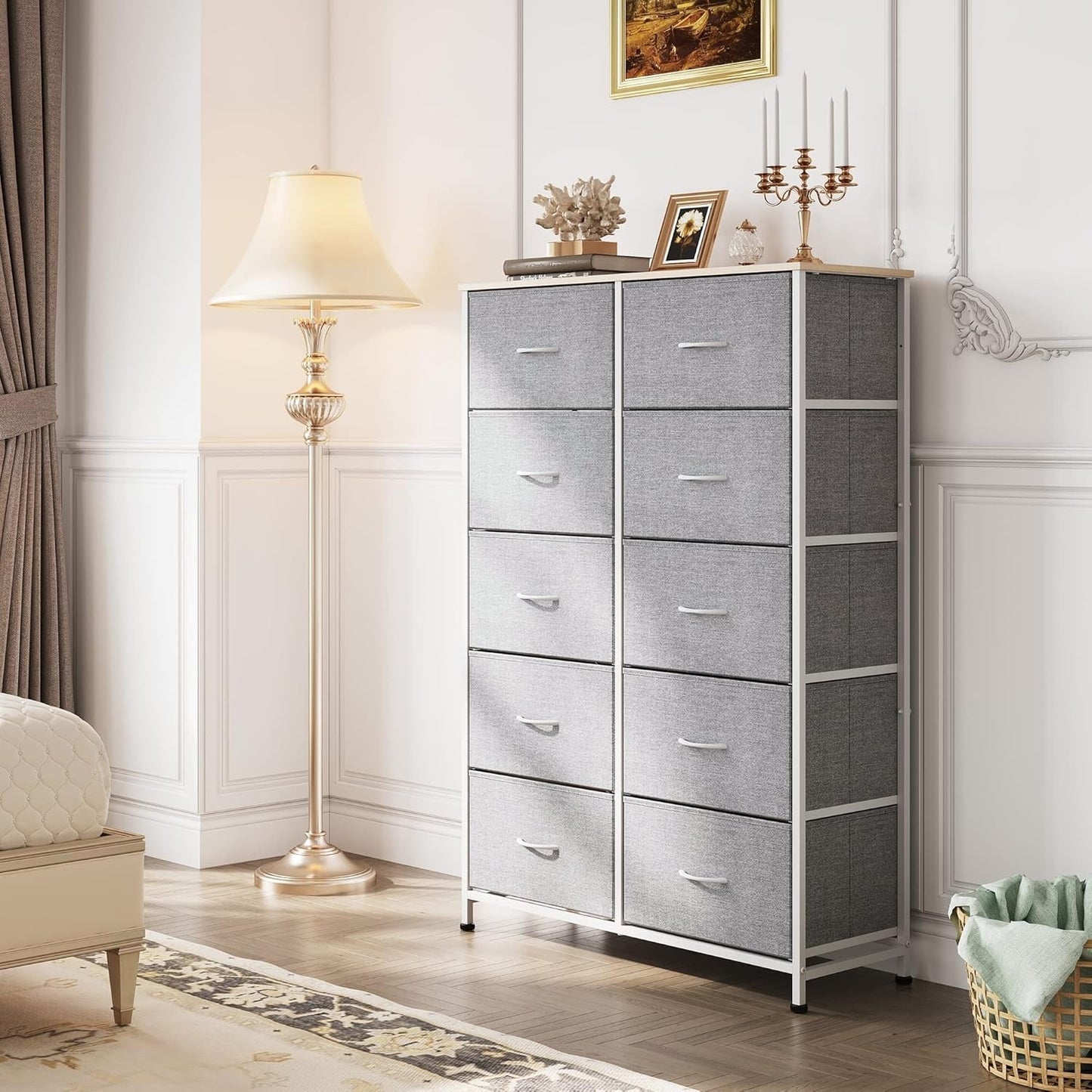 Tall Dresser for Bedroom with 10 Drawers, Chest of Drawers, Dressers Bedroom Furniture, Storage Organizer Unit with Fabric Bins for Closet, Hallway, Living Room, Entryway, Light Grey-3